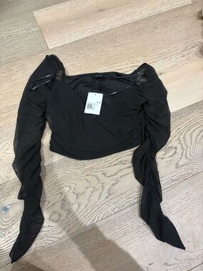 Forever 21 Black Ruched Mesh Long-Sleeve Crop Top